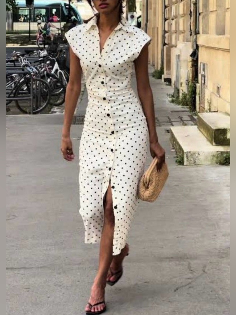 Women’s Zara Off-White Polka Dot Button-Front Linen Blend Midi Dress